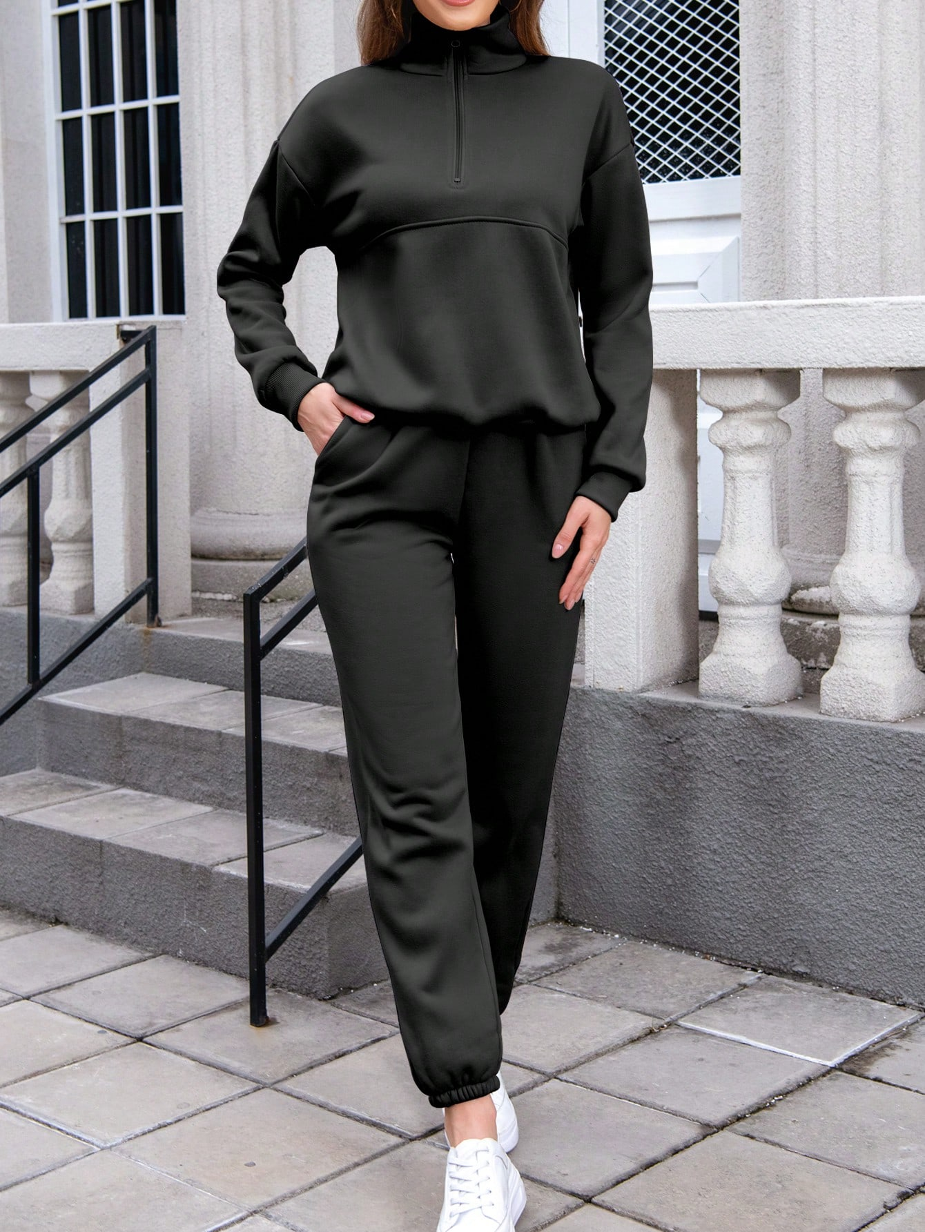 INAWLY Women’S Half Zipper Drop Shoulder Sweatshirt and Jogger Pants Two Piece Set