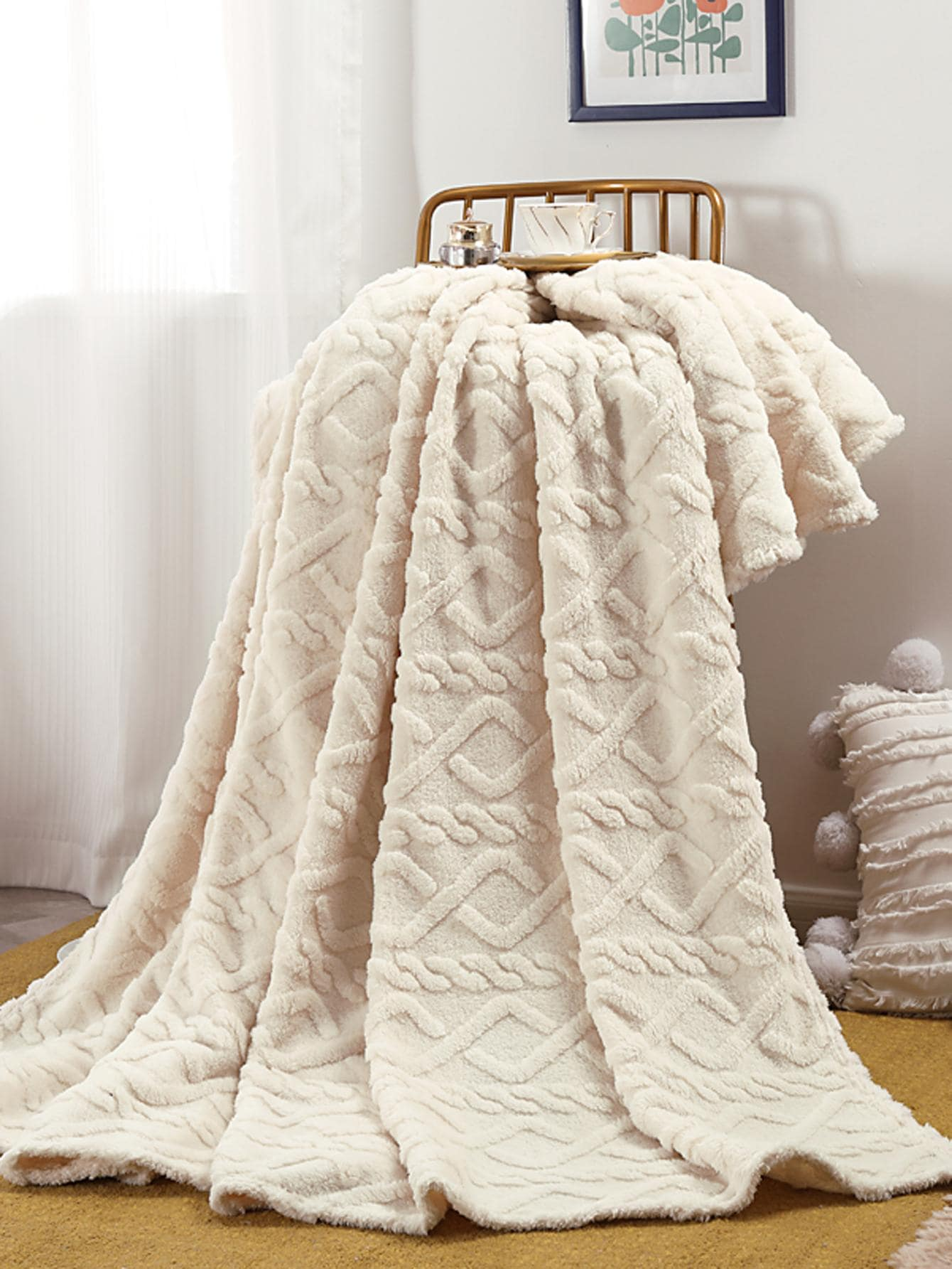 1Pc Geometric Tufted Blanket, Modern Knitted Fabric Warm Keeping Blanket for Home, All Season